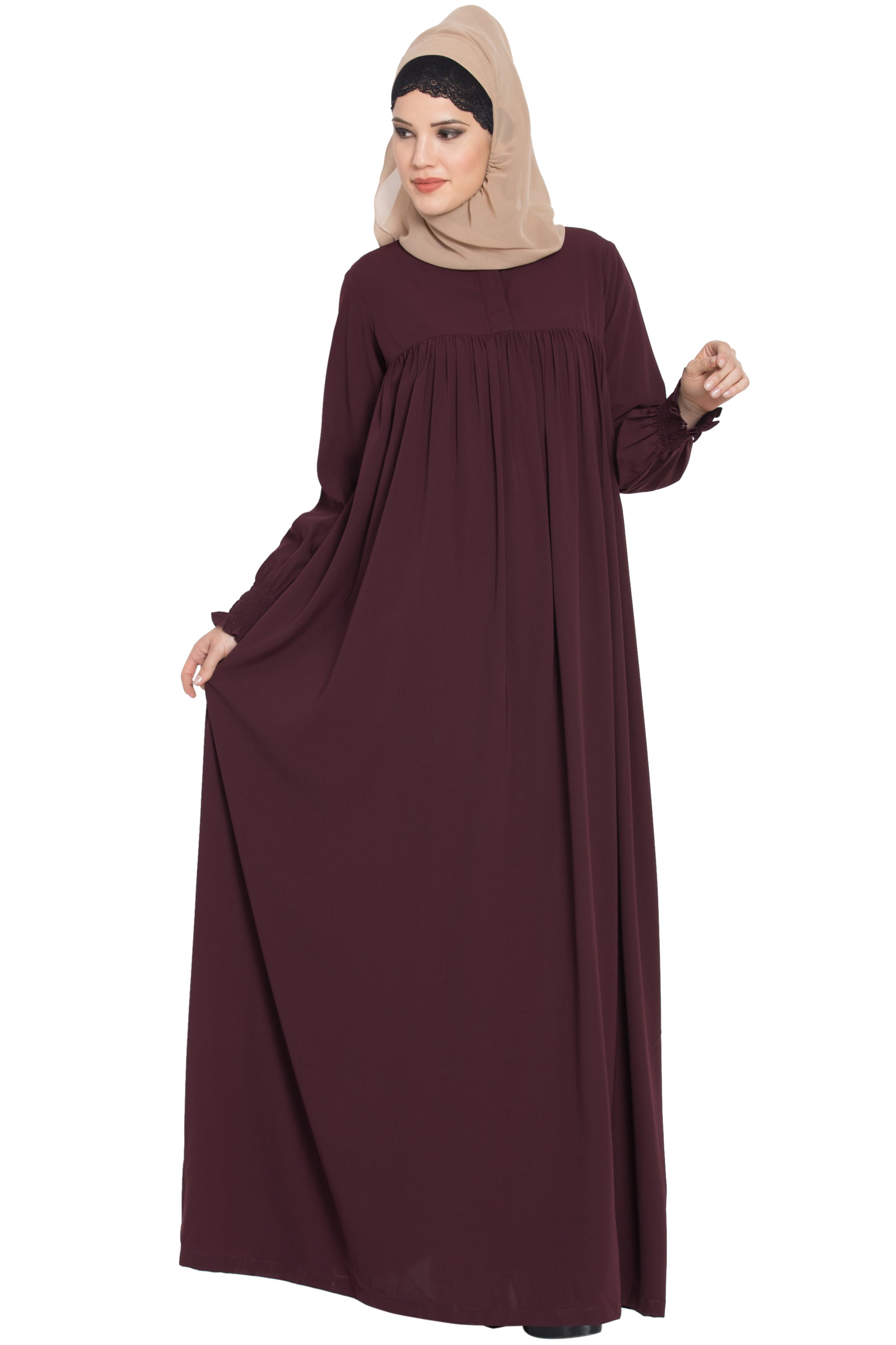 Bashariya Loose From Chest Arabian Abaya With Gather and Smocky Sleeves - Wine