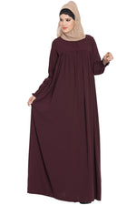 Thumbnail for Bashariya Loose From Chest Arabian Abaya With Gather and Smocky Sleeves - Wine