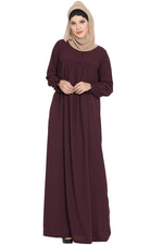 Thumbnail for Bashariya Loose From Chest Arabian Abaya With Gather and Smocky Sleeves - Wine