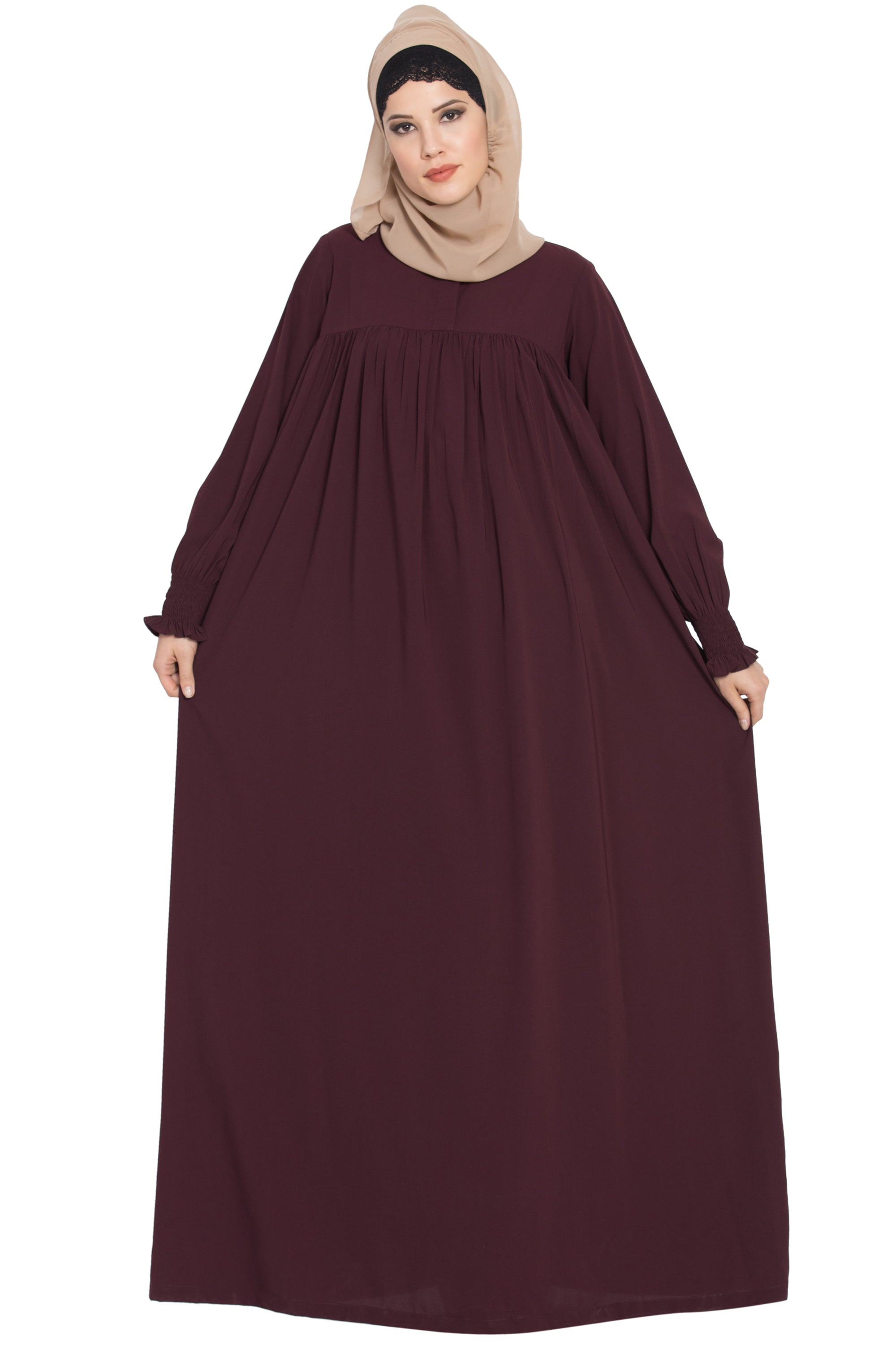 Bashariya Loose From Chest Arabian Abaya With Gather and Smocky Sleeves - Wine
