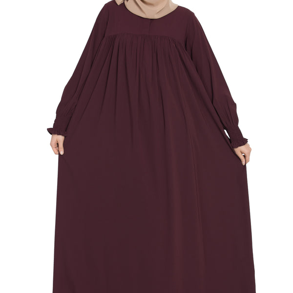 Bashariya Loose From Chest Arabian Abaya With Gather and Smocky Sleeves - Wine