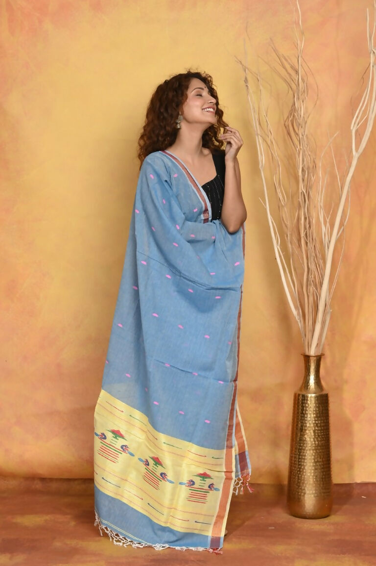Very Much Indian Handloom Pure Cotton Paithani Dupatta - Powder Blue - Distacart