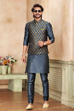 Thumbnail for Raivat Ethnic Jacquard Banarasi Silk Woven Work 3 Pics Jacket Set In Dark Grey Colour - Distacart