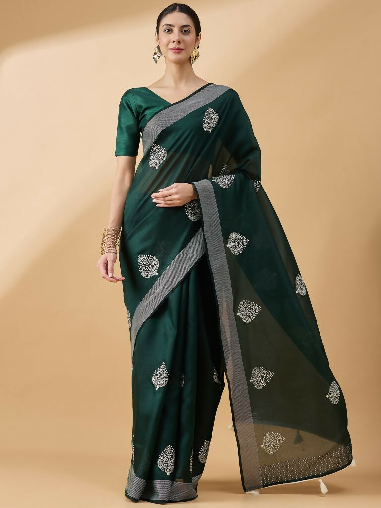 Green Cotton Blend Thread Embroidered Saree with Unstitched Blouse - Satya - Distacart