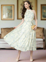 Thumbnail for Souchii Cream & Blue Floral Chiffon Maxi Dress
