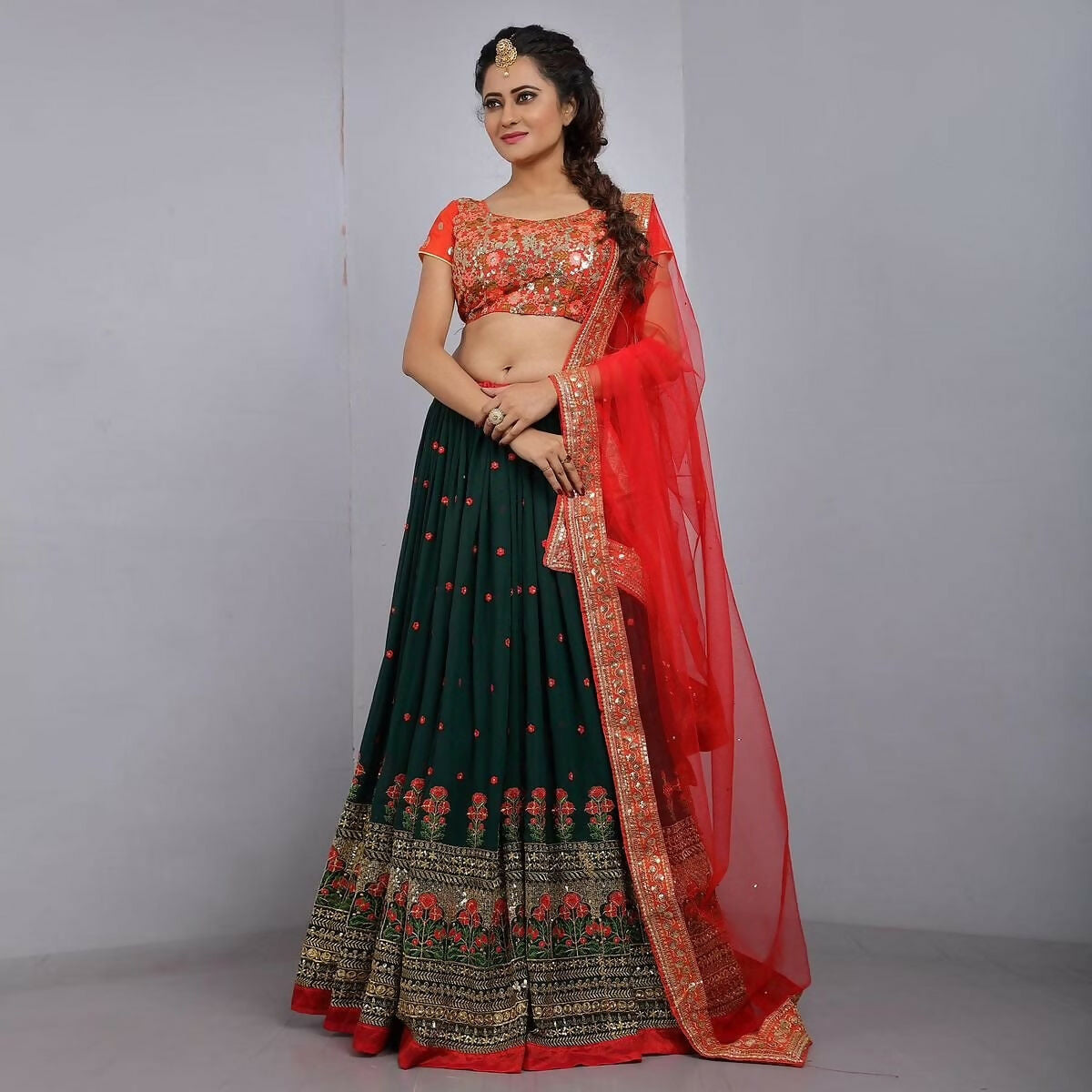 Jyoti Fashion Red & Bottle Green Thread & 3mm Sequence Embroidery Georgette Lehenga Choli with Dupatta - Distacart