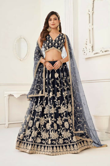 Aastha Fashion Black Butterfly Net White Cotton Thread Work And Sequence Work Embroidery Wedding Wear Lehenga Choli - Distacart