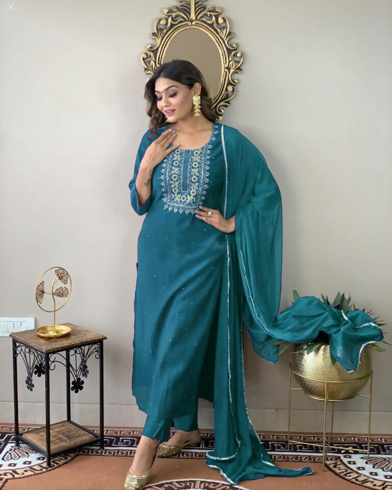 Partywear Designer Firozy Rayon Slub Stitched Suit With Dupatta - Tanisha - Distacart