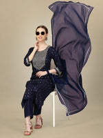 Thumbnail for Jyoti Fashion Women's Navy Blue Silk Blend Embroidery & Sequence work Kurta with Trouser & Dupatta - Distacart