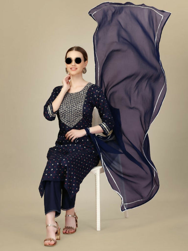 Jyoti Fashion Women's Navy Blue Silk Blend Embroidery & Sequence work Kurta with Trouser & Dupatta - Distacart
