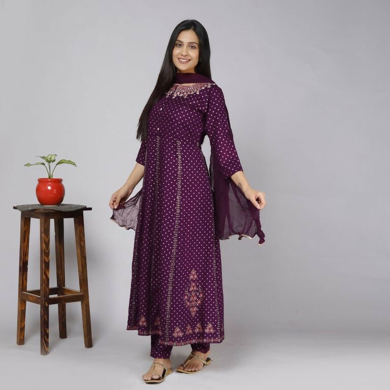 Alvano Women' Stylish Anarkali Kurta with Pant and Dupatta for Women and Girls Rayon (Wine) - Distacart