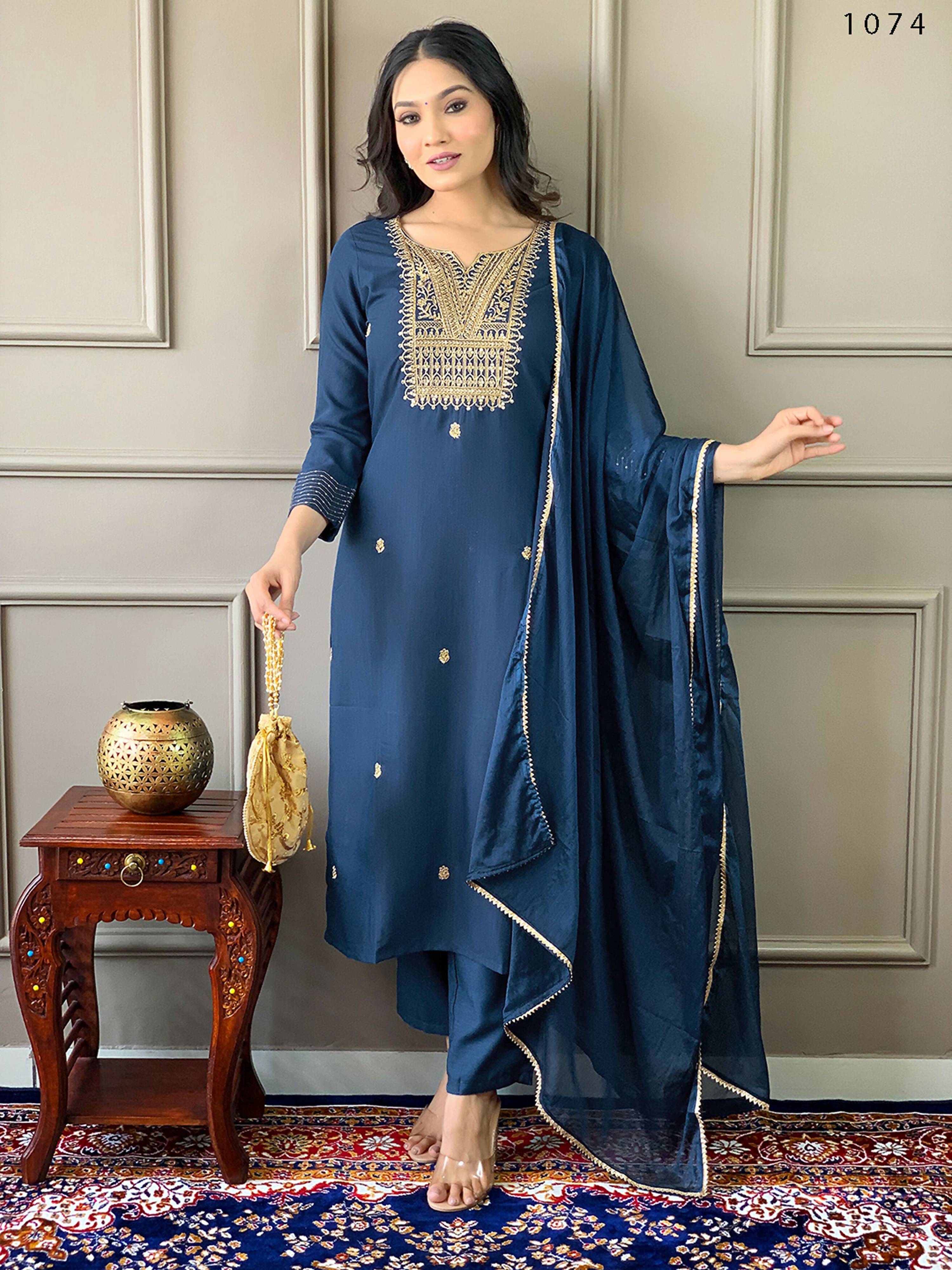 Partywear Designer Rayon Slub Blue Stitched Suit With Dupatta - Tanisha - Distacart