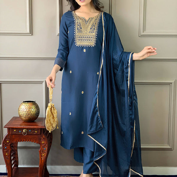 Partywear Designer Rayon Slub Blue Stitched Suit With Dupatta - Tanisha - Distacart