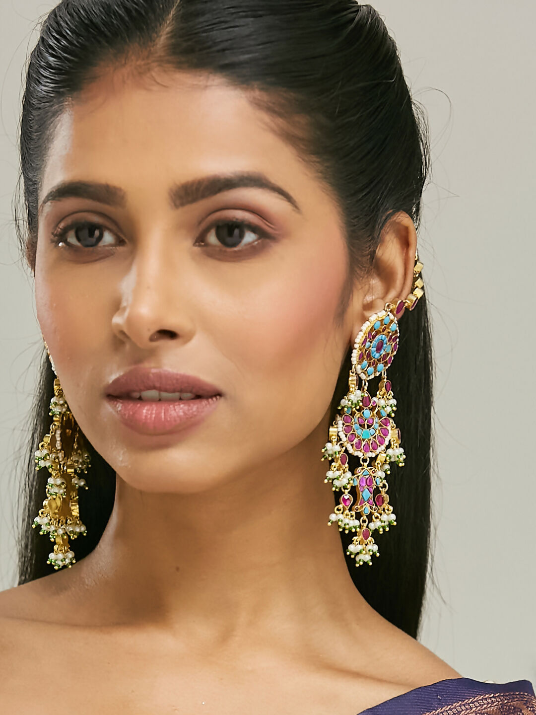 Nuyug 22K Gold-Plated Kundan Studded & Pearl Beaded Crescent Shaped Kanauti Earrings