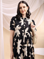 Thumbnail for Black Midi Shirt Dress With Oversized Beige Floral Print, Black - Hiral Fashion - Distacart