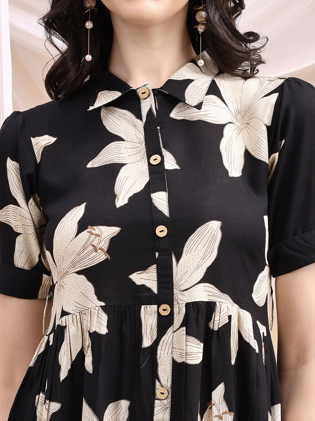 Black Midi Shirt Dress With Oversized Beige Floral Print, Black - Hiral Fashion - Distacart