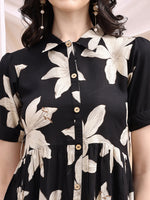 Thumbnail for Black Midi Shirt Dress With Oversized Beige Floral Print, Black - Hiral Fashion - Distacart