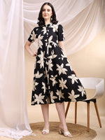 Thumbnail for Black Midi Shirt Dress With Oversized Beige Floral Print, Black - Hiral Fashion - Distacart