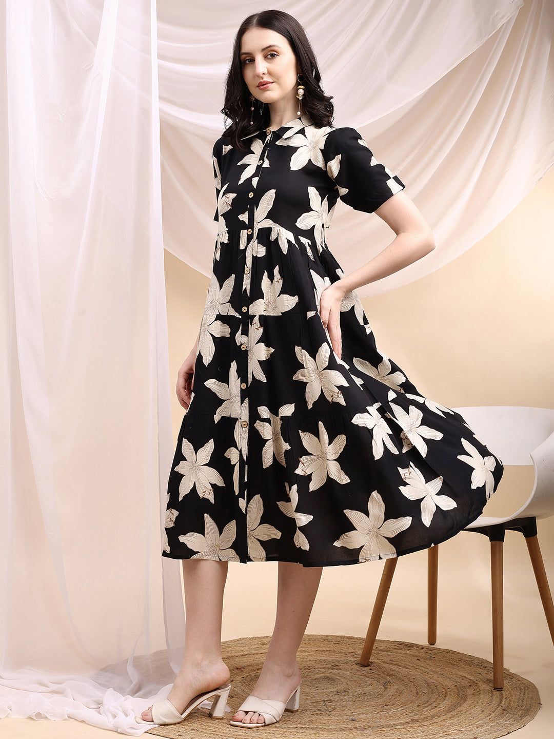 Black Midi Shirt Dress With Oversized Beige Floral Print, Black - Hiral Fashion - Distacart