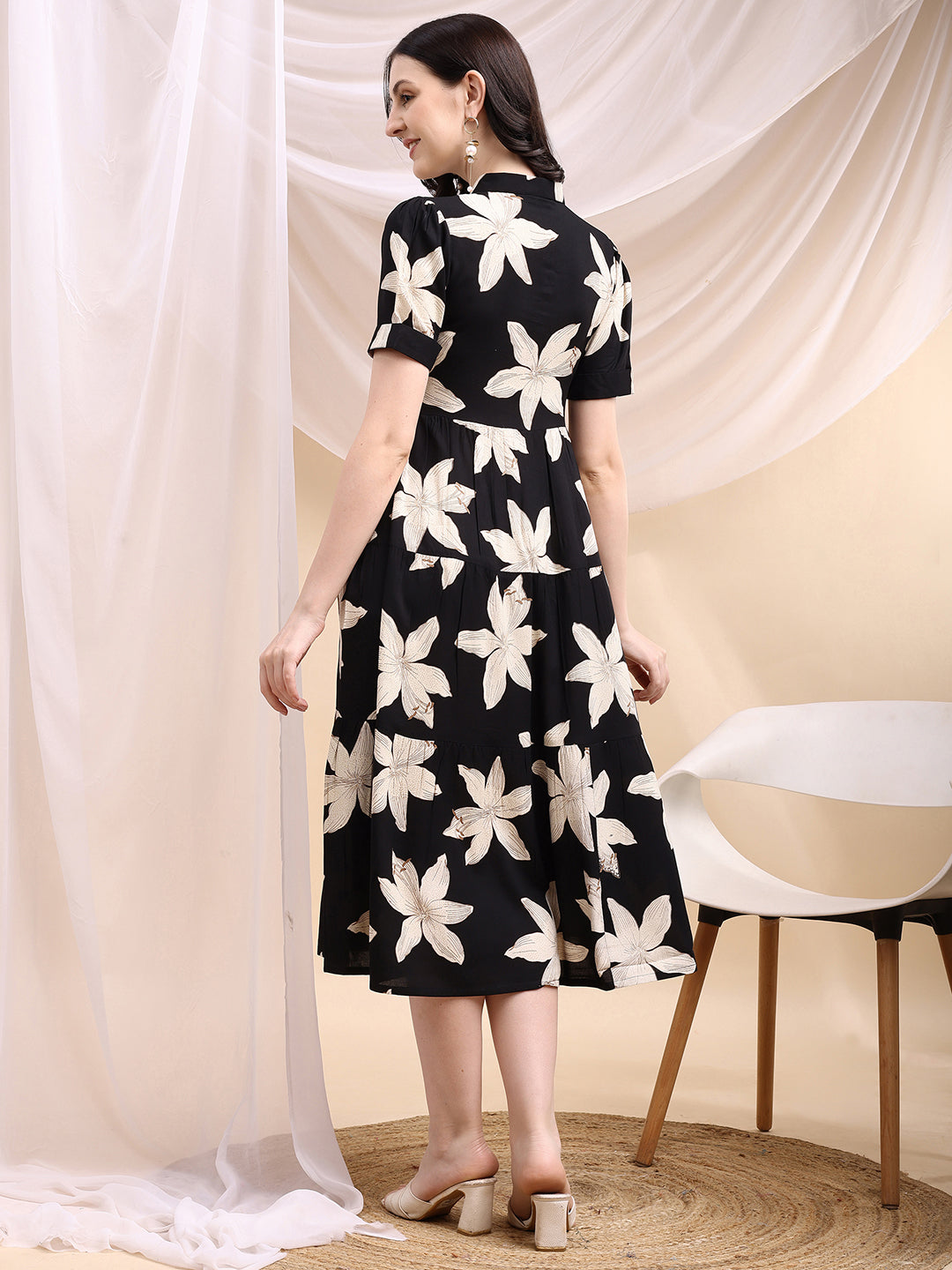 Black Midi Shirt Dress With Oversized Beige Floral Print, Black - Hiral Fashion - Distacart