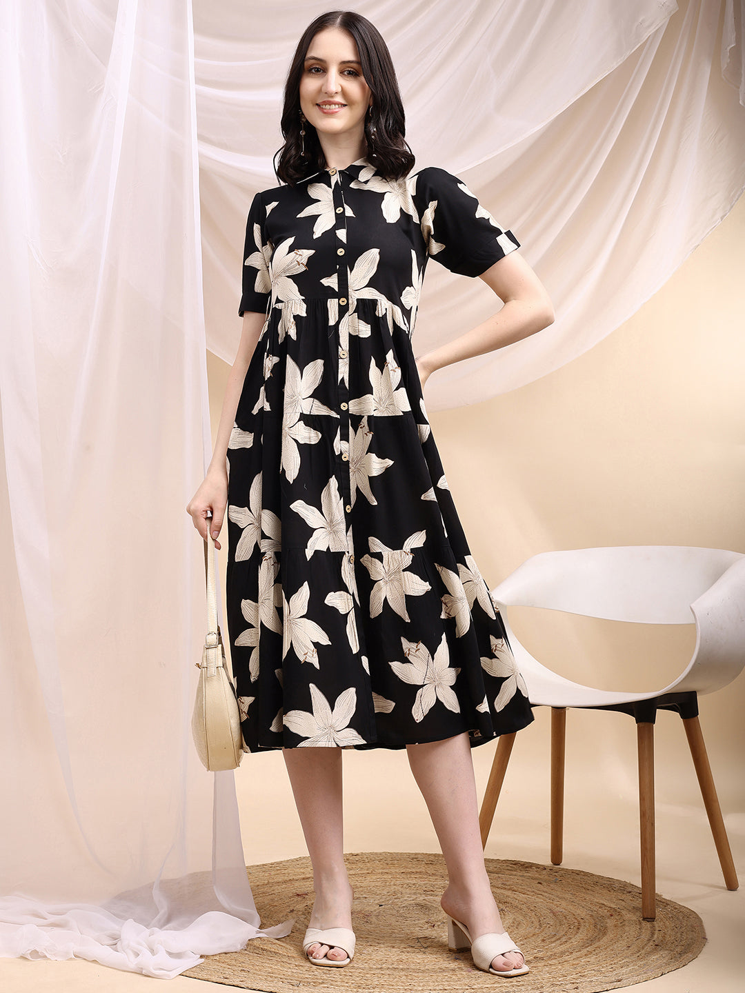 Black Midi Shirt Dress With Oversized Beige Floral Print, Black - Hiral Fashion - Distacart