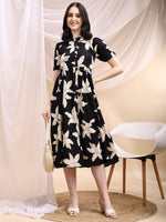 Thumbnail for Black Midi Shirt Dress With Oversized Beige Floral Print, Black - Hiral Fashion - Distacart
