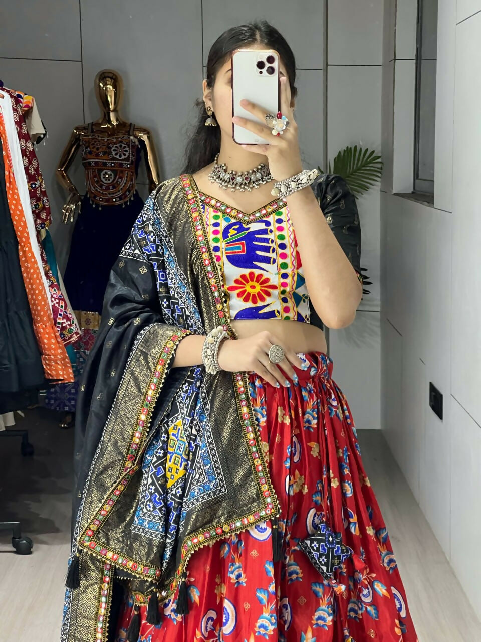 Yash Enterprise Red Silk Embroidery Semi Stitched Navratri Chaniya Choli - Dista