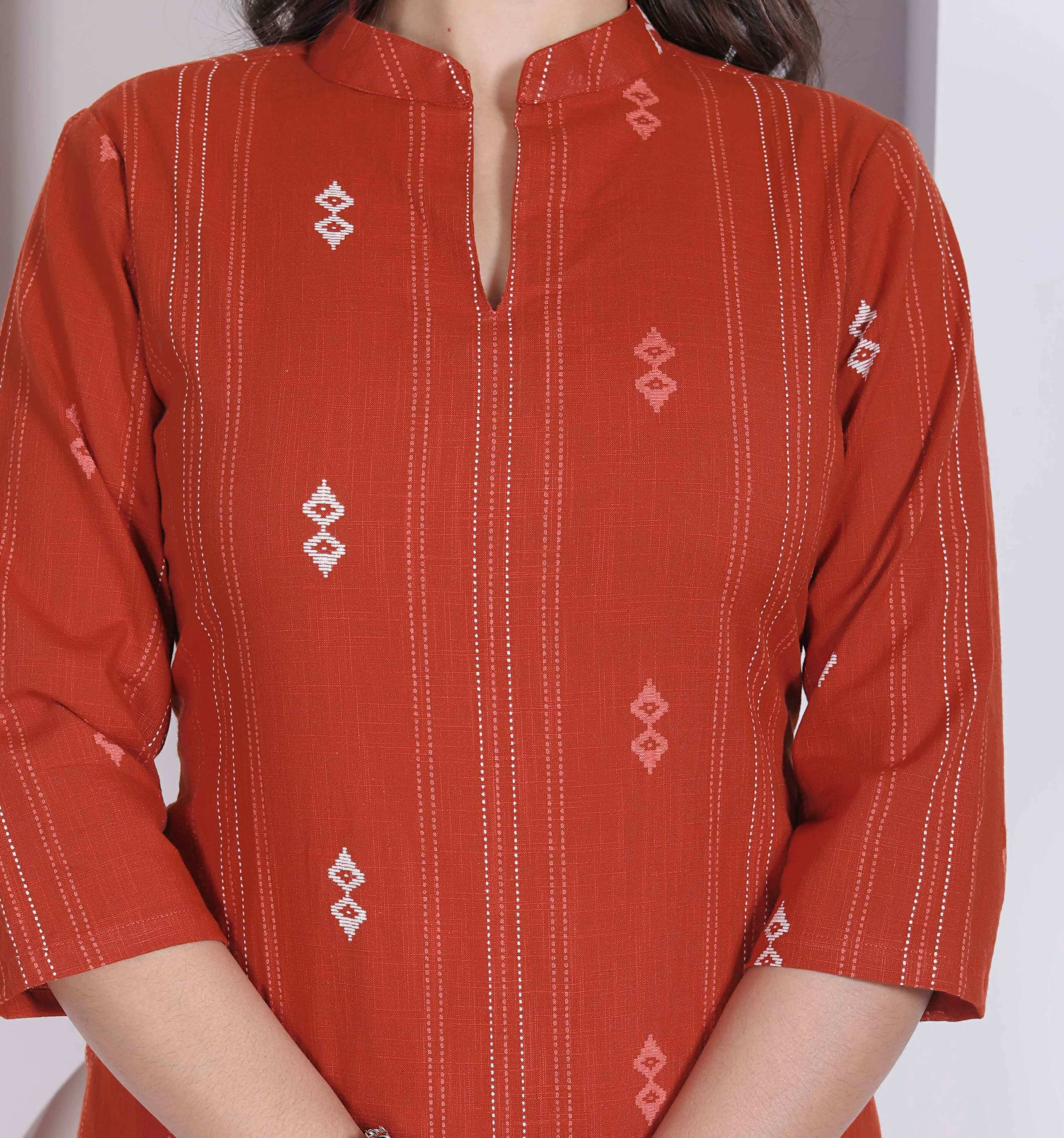 Miravan Womens Rust Color Abstract Printed Cotton Kurta With Palazzo - Dista