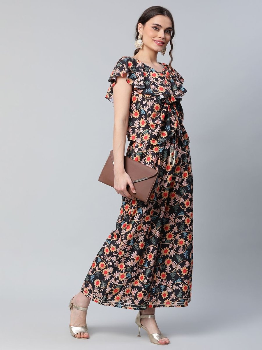 Ahalyaa Women Black Crepe Digital Print Top with Palazzo Set - Distacart