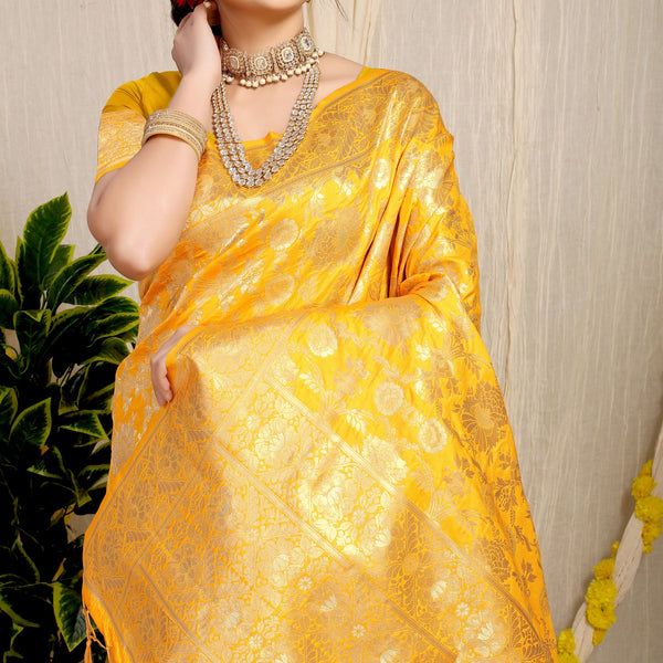 Anaita Yellow Woven Design Pure Silk Banarasi Saree With Blouse - Distacart
