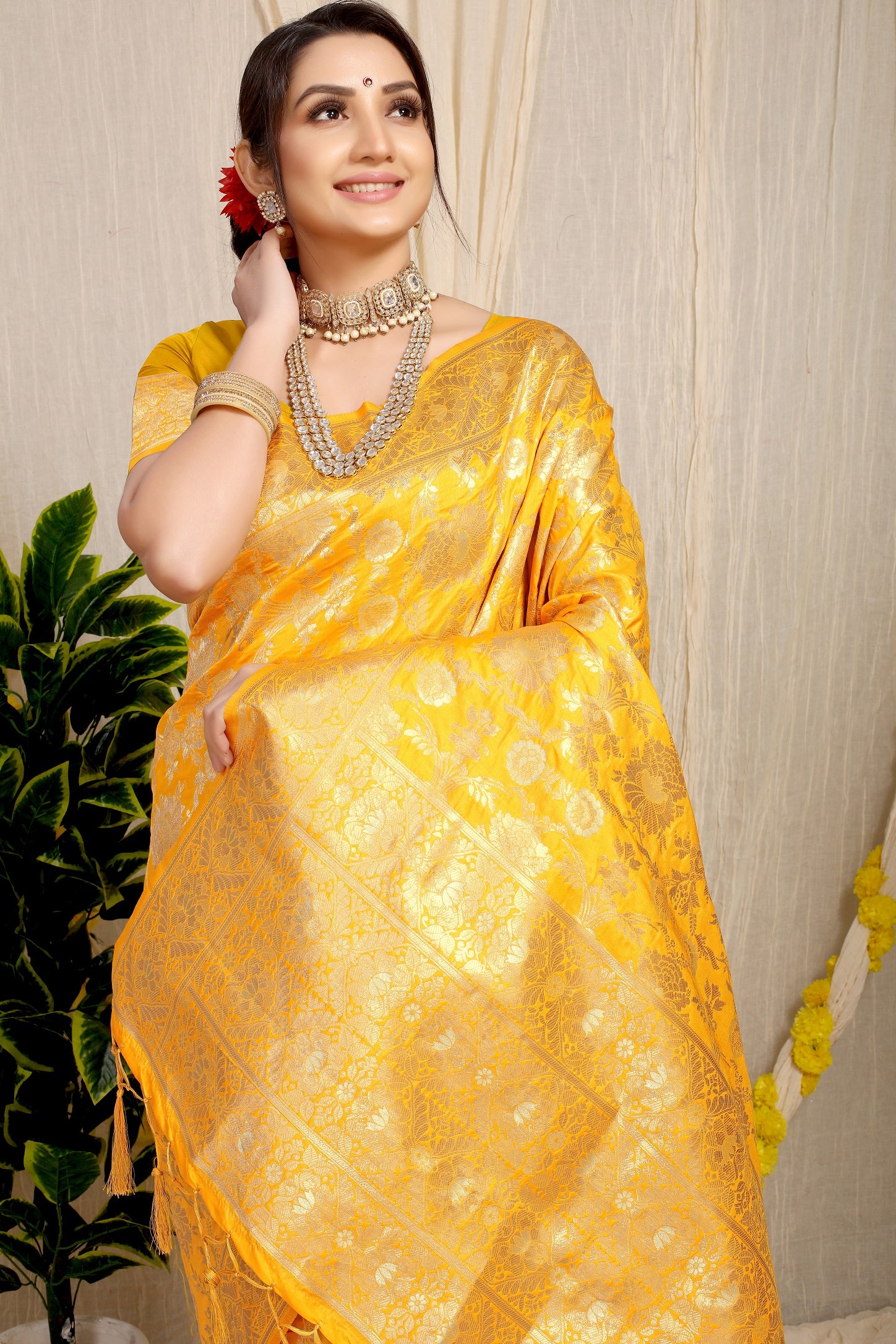 Anaita Yellow Woven Design Pure Silk Banarasi Saree With Blouse - Distacart
