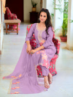 Thumbnail for Full Front Embroidered Kurta With Pant & Embroidered Organza Dupatta, Lavender - Hiral Fashion - Distacart