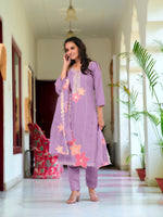 Thumbnail for Full Front Embroidered Kurta With Pant & Embroidered Organza Dupatta, Lavender - Hiral Fashion - Distacart
