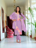 Thumbnail for Full Front Embroidered Kurta With Pant & Embroidered Organza Dupatta, Lavender - Hiral Fashion - Distacart