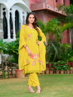 Thumbnail for Full Front Embroidered Kurta With Pant & Embroidered Organza Dupatta, Yellow - Hiral Fashion - Distacart