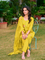 Thumbnail for Full Front Embroidered Kurta With Pant & Embroidered Organza Dupatta, Yellow - Hiral Fashion - Distacart