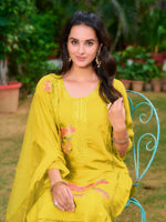 Thumbnail for Full Front Embroidered Kurta With Pant & Embroidered Organza Dupatta, Yellow - Hiral Fashion - Distacart