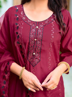 Thumbnail for Embroidered Kurta With Pant & Embroidered Cut Work Organza Dupatta, Maroon - Hiral Fashion - Distacart