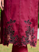 Thumbnail for Embroidered Kurta With Pant & Embroidered Cut Work Organza Dupatta, Maroon - Hiral Fashion - Distacart