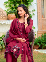 Thumbnail for Embroidered Kurta With Pant & Embroidered Cut Work Organza Dupatta, Maroon - Hiral Fashion - Distacart