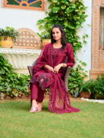 Thumbnail for Embroidered Kurta With Pant & Embroidered Cut Work Organza Dupatta, Maroon - Hiral Fashion - Distacart