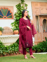 Thumbnail for Embroidered Kurta With Pant & Embroidered Cut Work Organza Dupatta, Maroon - Hiral Fashion - Distacart