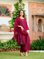 Thumbnail for Embroidered Kurta With Pant & Embroidered Cut Work Organza Dupatta, Maroon - Hiral Fashion - Distacart