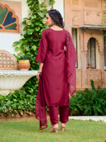 Thumbnail for Embroidered Kurta With Pant & Embroidered Cut Work Organza Dupatta, Maroon - Hiral Fashion - Distacart
