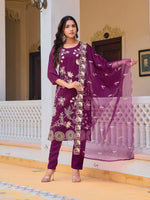 Thumbnail for Embroidered Kurta With Pant & Embroidered Organza Dupatta, Purple - Hiral Fashion - Distacart