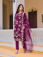 Thumbnail for Embroidered Kurta With Pant & Embroidered Organza Dupatta, Purple - Hiral Fashion - Distacart