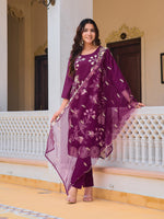Thumbnail for Embroidered Kurta With Pant & Embroidered Organza Dupatta, Purple - Hiral Fashion - Distacart