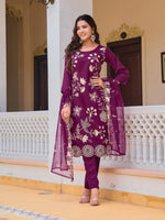 Thumbnail for Embroidered Kurta With Pant & Embroidered Organza Dupatta, Purple - Hiral Fashion - Distacart
