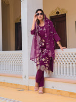 Thumbnail for Embroidered Kurta With Pant & Embroidered Organza Dupatta, Purple - Hiral Fashion - Distacart