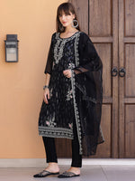 Thumbnail for Pakistani Sequined Embroidered Kurta With Pant & Dupatta, Black - Hiral Fashion - Distacart